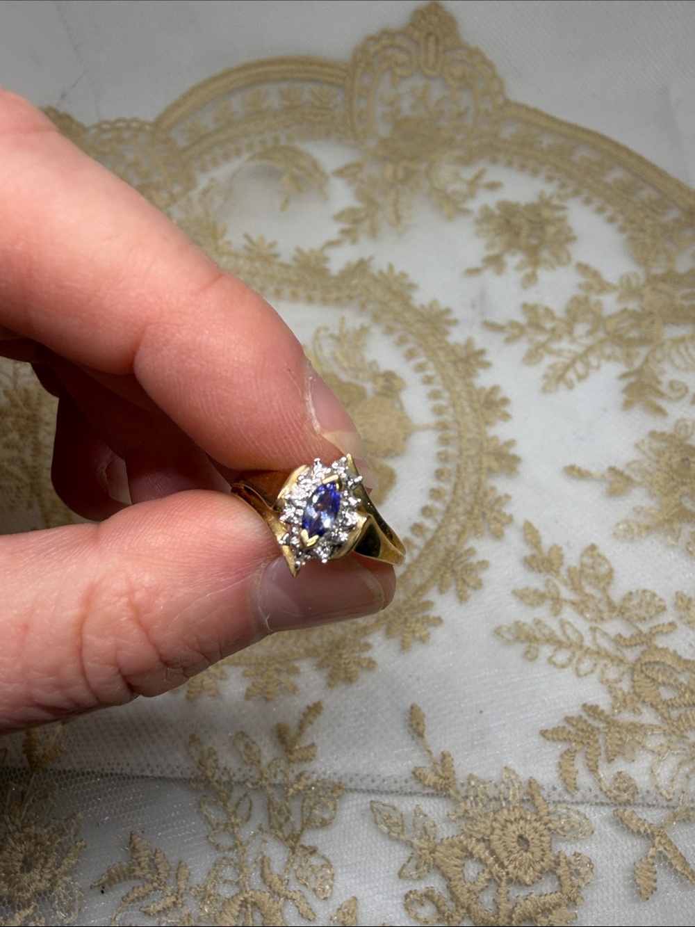 Vintage 10K Gold Tanzanite & Diamond Ring | Marquise Cut | Size 7 Estate Jewelry - Picture 3 of 9